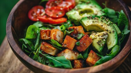 A fresh bowl of greens with grilled tofu, avocado, and tomatoes makes a healthy vegan dish