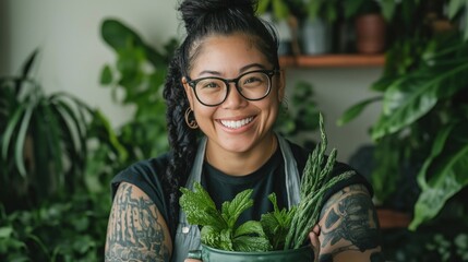 A tattooed woman showcases a vibrant potted plant, promoting a vegan lifestyle and healthy eating