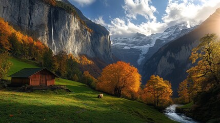 Wall Mural - Lauterbrunnen, Switzerland beautiful morning during autumn season