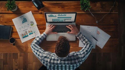 Poster - Overhead shot of businessman working on laptop with charts and documents on wooden desk, analyzing financial data and business metrics.