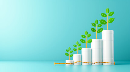 Various white containers filled with soil showcase growing plants with vibrant green leaves, representing growth and sustainability in a calm blue environment