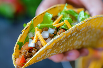 Wall Mural - Taco filled with seasoned beef, cheese, and fresh vegetables