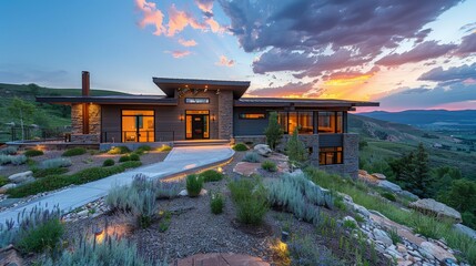 Wall Mural - Modern hillside home with extensive windows, providing a panoramic view of mountainous landscape at dusk, embodying contemporary living at its finest.