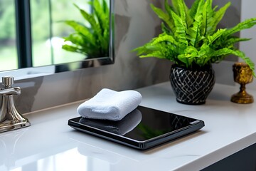 A modern, slim-profile bathroom scale with an elegant design, providing accurate weight measurements while complementing contemporary decor