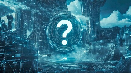 Fototapete - A futuristic landscape with a glowing question mark at its center. The scene is filled with digital structures and a vibrant blue color palette. This image invites curiosity and exploration. AI