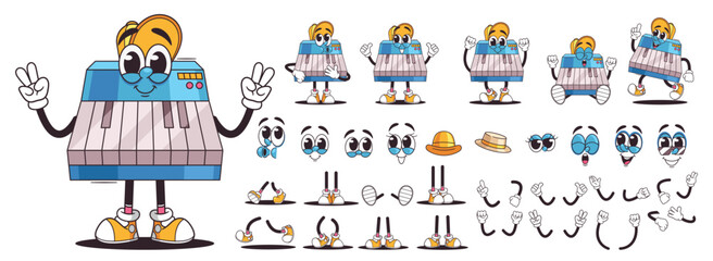 Wall Mural - Electric Piano Keyboard Retro Cartoon Character With Different Emotions And Accessories. Artistic Set Of Design Elements