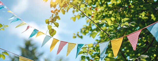 Pennant on string decoration in green tree foliage on blue sky background, summer party background template, web banner format