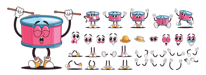 Wall Mural - Cute Drum Cartoon Character With Various Facial Expressions And Accessories, Set For Customization and Animation