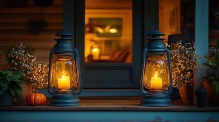 Two vintage lanterns with warm candlelight create a cozy and inviting atmosphere on a beautifully decorated porch in the evening.