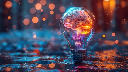 Sticker - An imaginative light bulb with a brain inside, symbolizing innovative thinking, ideas, and creativity. The scene is vibrant with glowing lights and colors.