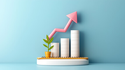 Poster - A colorful growth chart features a green plant in a pot beside ascending bars, illustrating positive trends in productivity and development over time