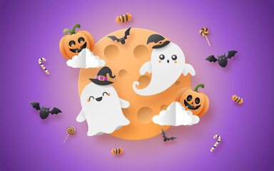 Wall Mural - A cute ghost with a happy face, floating on the moon among smiling pumpkins and candy.