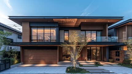 Sticker - This image showcases a contemporary house with a wooden facade and large windows, complemented by a minimalistic garden and cozy outdoor seating area.