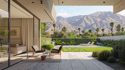 Poster - This image portrays a luxury home with an open patio, offering breathtaking mountain views and a lush garden, seamlessly blending indoor and outdoor living spaces.