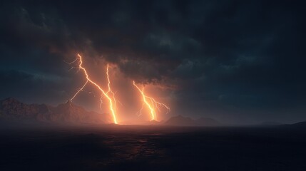 Wall Mural - A dramatic landscape illuminated by lightning against a dark, moody sky.