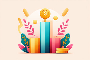 Poster - This illustration showcases vibrant bar graphs in varying heights, symbolizing financial growth. Coins are placed nearby, surrounded by colorful plants and decorative elements
