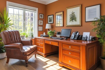 Poster - A Home Office with a Large Wooden Desk and a Leather Armchair