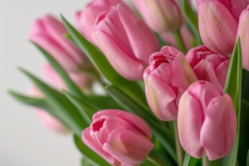 Wall Mural - Bouquet of pink tulips is blooming on a white background