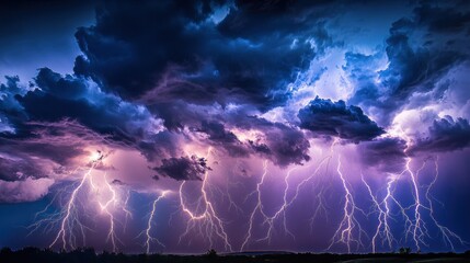 Wall Mural - A dramatic lightning storm illuminating a dark, cloudy sky.