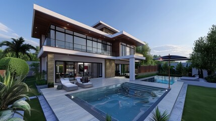 Sticker - Captured during dusk, this image shows a modern luxury house with a sleek swimming pool, surrounded by a lush garden under a clear twilight sky.