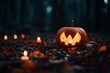 © GraphzTain - A glowing jack-o'-lantern sitting in a dark forest surrounded by autumn leaves and candles, creating a spooky Halloween atmosphere.