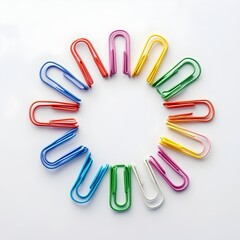 Poster - Colorful arrangement of paper clips in a circular pattern on a bright clean background  This modern
