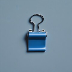 Poster - Closeup of a single blue binder clip centered and positioned on a plain smooth surface backdrop  The minimalist and simple design showcases the functional yet elegant office supply item