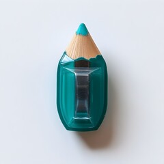 Poster - Close up of a teal colored pencil sharpener placed at the center of a plain white background showcasing the simple yet functional design of this essential office and school supply