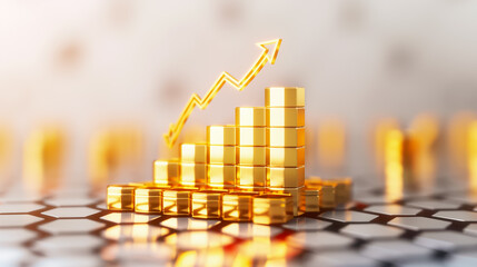 Poster - A golden bar chart is displayed prominently on a reflective surface, showcasing an upward trend with an arrow indicating increasing financial values, symbolizing growth in investment
