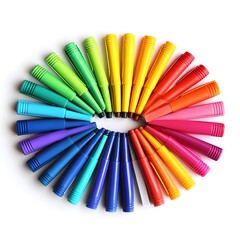 Poster - An array of vibrant rainbow colored markers arranged in the center of a clean white background creating a minimalist and still life composition