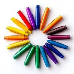 Poster - A close up photograph showcasing a neatly arranged set of vibrant rainbow colored markers on a plain white background  The markers are displayed in an aesthetically pleasing composition