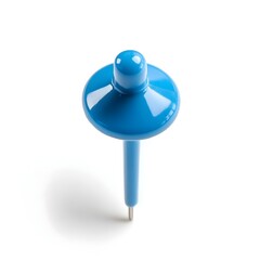 Poster - Closeup of a sharp pointy blue pushpin or thumbtack isolated on a clean minimalist white background  Graphic abstract image of a simple office or stationery supply item