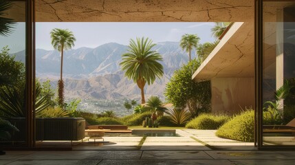 Wall Mural - A luxurious home featuring modern architecture, nestled in a desert landscape, surrounded by lush gardens and a stunning mountain view.