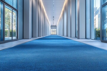 Poster - Blue Carpeted Hallway with Large Windows in a Modern Building