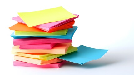 Poster - Colorful Sticky Notes Stacked in an Organized Manner on a White Background Providing a Blank Canvas for Writing Down Reminders Memos or Brief Messages