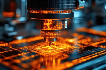 Poster - Close-up of a robotic arm assembling a glowing circuit board