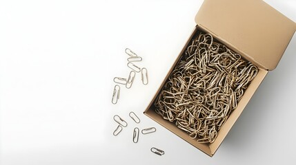Poster - A close up photograph showcasing a box of metallic paperclips with several scattered around it all set against a clean white background