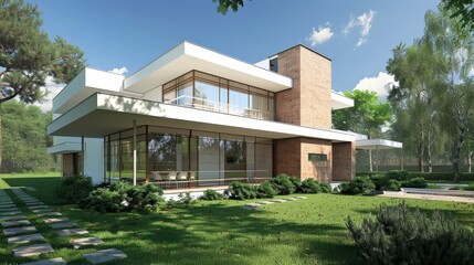 Poster - A modern architectural house design characterized by extensive glass, white facade, and lush green environment.