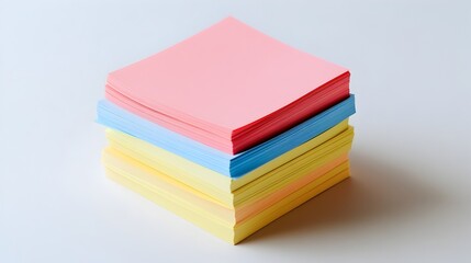 Poster - A photograph of a ream of sticky notes stacked in a neat organized pattern on a plain white background providing a clean minimalist setting with ample space for adding organizational text or branding