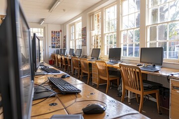 Poster - computer lab with wooden desks and chairs near window