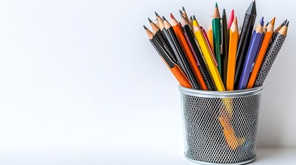 Poster - Pen holder filled with various pens and pencils arranged neatly on a clean white background ready for product photography or design composition