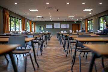 Poster - empty classroom with desks and chairs facing a whiteboard