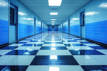 Poster - Empty Blue Tiled Hallway with Checkered Floor