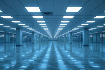 Poster - Empty office building with tiled floor and ceiling lights