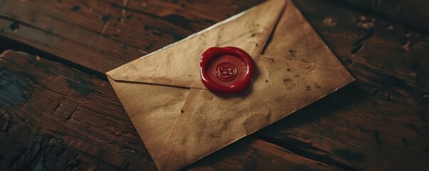 Vintage envelope sealed with wax on a rustic wooden surface, capturing an old-fashioned and mysterious allure.