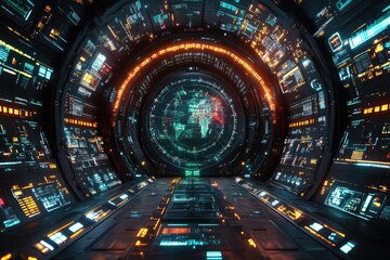 Poster - Futuristic spaceship interior with glowing displays and a digital Earth