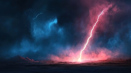 Wall Mural - A dramatic scene depicting a lightning strike in a dark, stormy landscape.