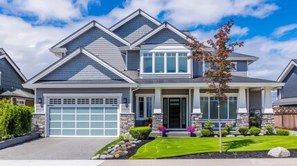 Wall Mural - This image features a stunning suburban house with a gray exterior, a meticulously maintained lawn, and a bright blue sky backdrop.