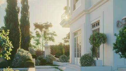 Canvas Print - This image showcases an elegant modern house with a lush garden, basking in gentle sunlight, perfect for showcasing tranquil living spaces.