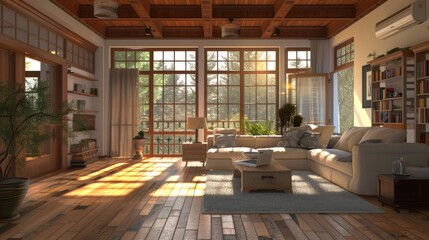 Canvas Print - A warm and inviting living room is bathed in sunlight, featuring comfortable seating arrangements and large windows that reveal scenic garden views.